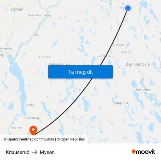 Knauserud to Mysen map