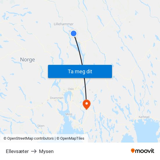 Ellevsæter to Mysen map