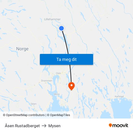 Åsen Rustadberget to Mysen map