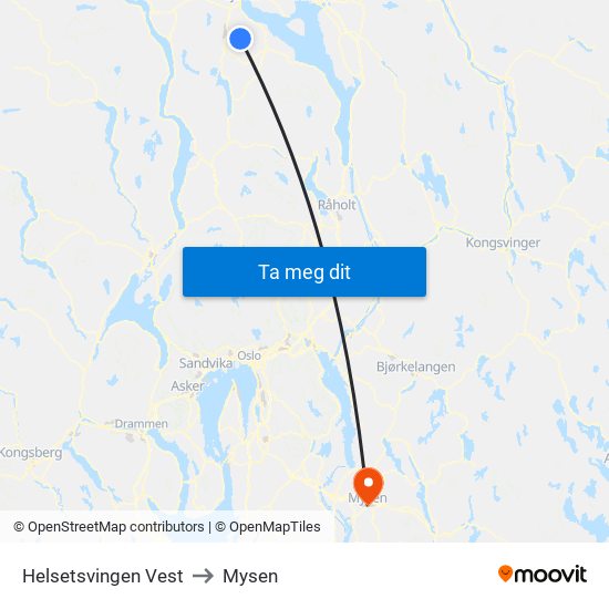 Helsetsvingen Vest to Mysen map