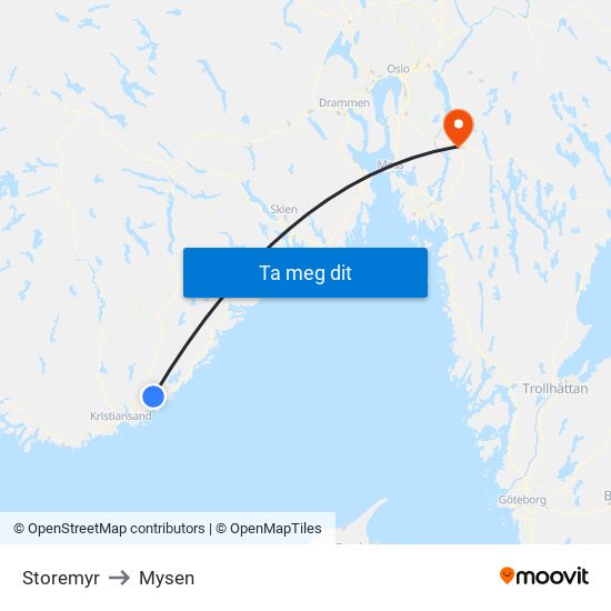 Storemyr to Mysen map