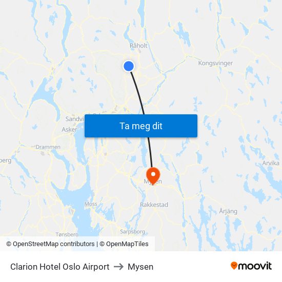 Clarion Hotel Oslo Airport to Mysen map