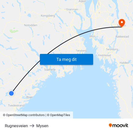 Rugnesveien to Mysen map