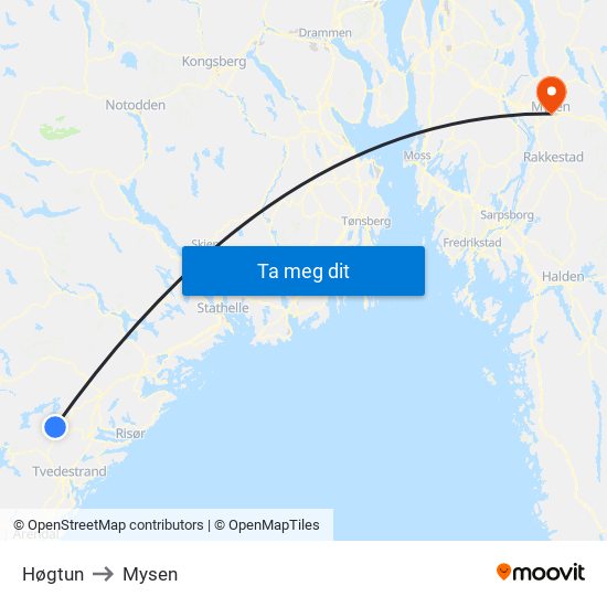 Høgtun to Mysen map