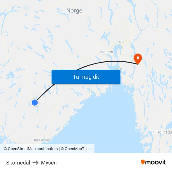 Skomedal to Mysen map