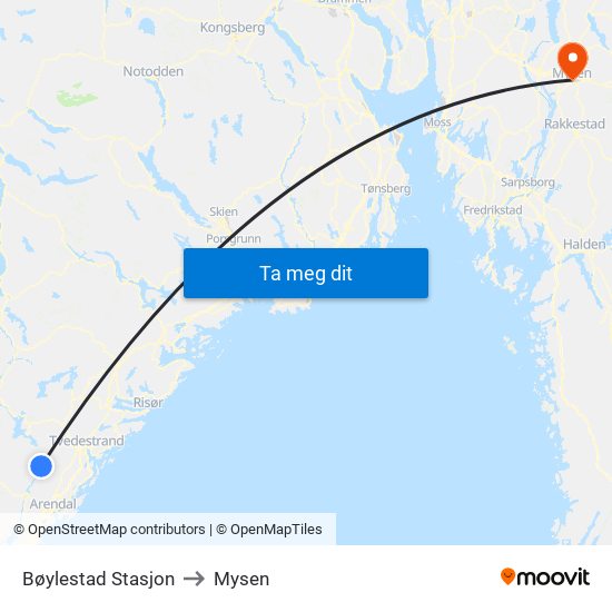 Bøylestad Stasjon to Mysen map