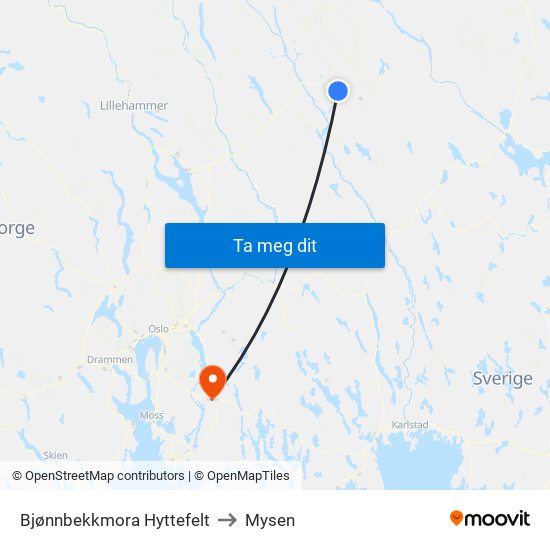 Bjønnbekkmora Hyttefelt to Mysen map