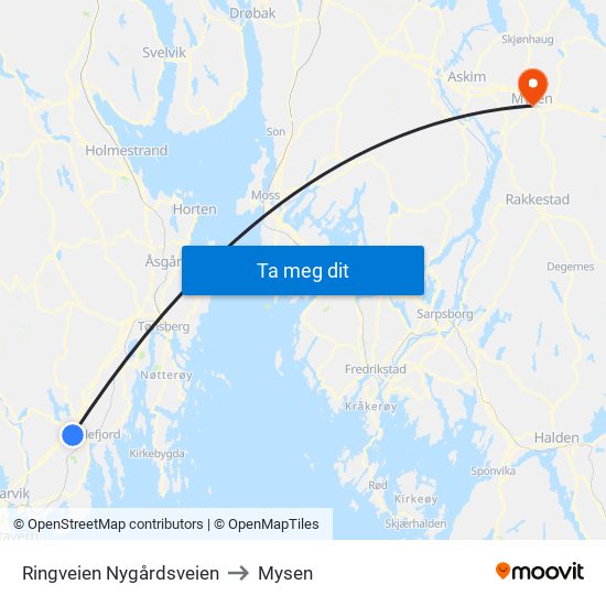 Ringveien Nygårdsveien to Mysen map