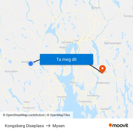 Kongsberg Diseplass to Mysen map