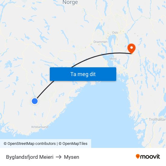 Byglandsfjord Meieri to Mysen map