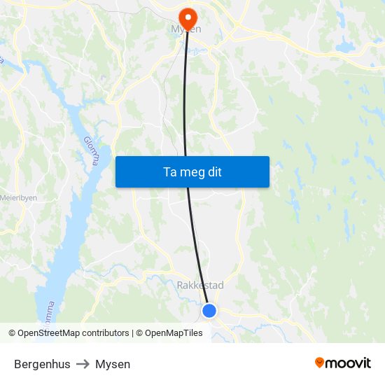 Bergenhus to Mysen map