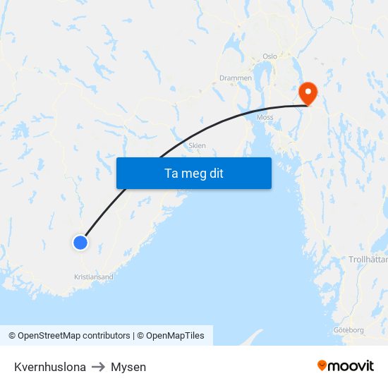 Kvernhuslona to Mysen map