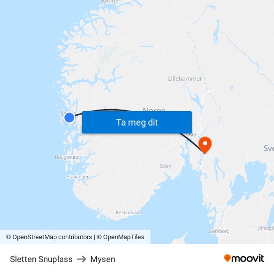 Sletten Snuplass to Mysen map