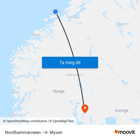 Nordhammarveien to Mysen map