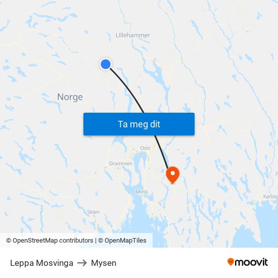 Leppa Mosvinga to Mysen map