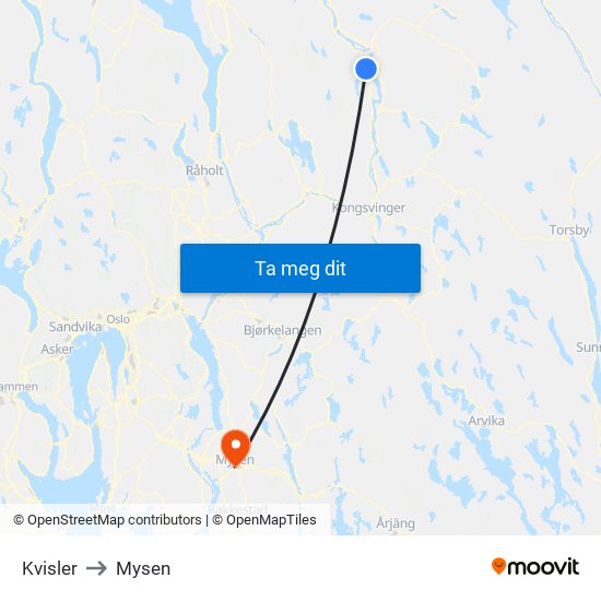 Kvisler to Mysen map