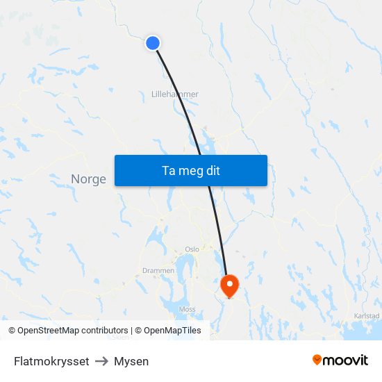 Flatmokrysset to Mysen map