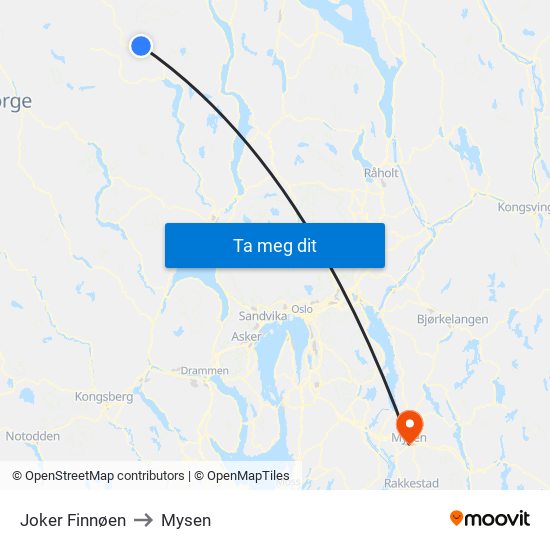 Joker Finnøen to Mysen map