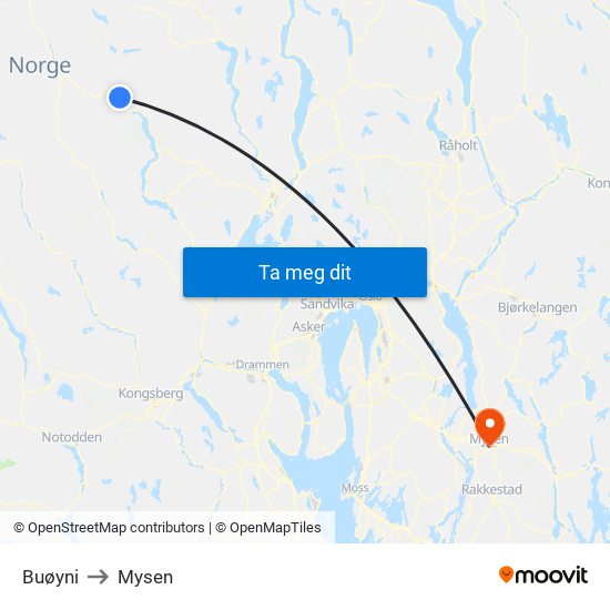Buøyni to Mysen map