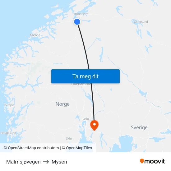 Malmsjøvegen to Mysen map