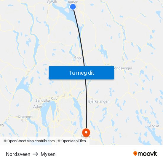 Nordsveen to Mysen map