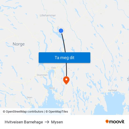 Hvitveisen Barnehage to Mysen map