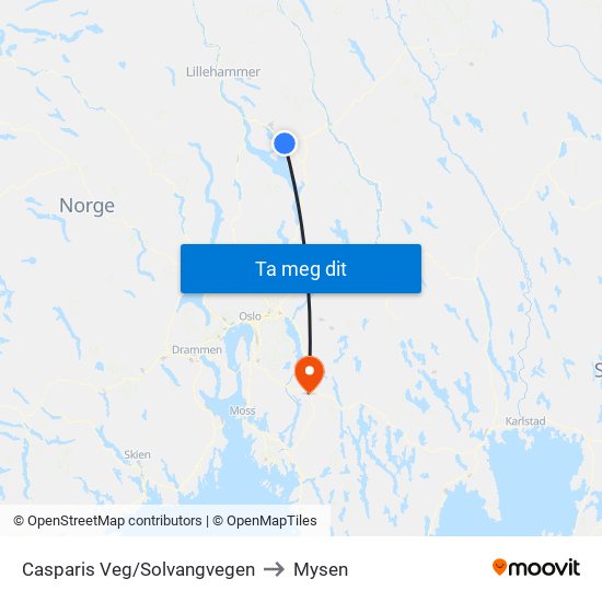 Casparis Veg/Solvangvegen to Mysen map