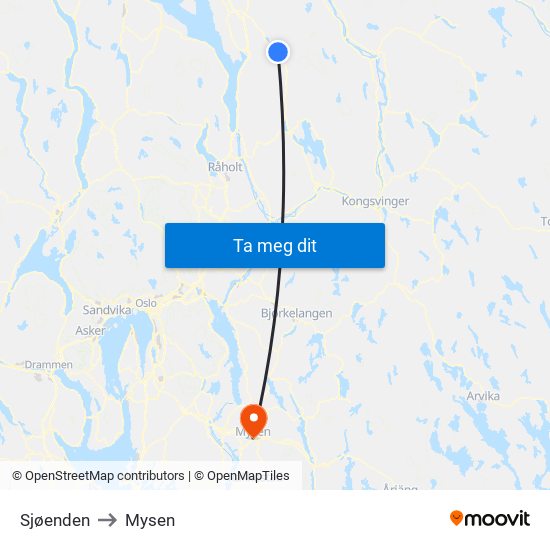 Sjøenden to Mysen map