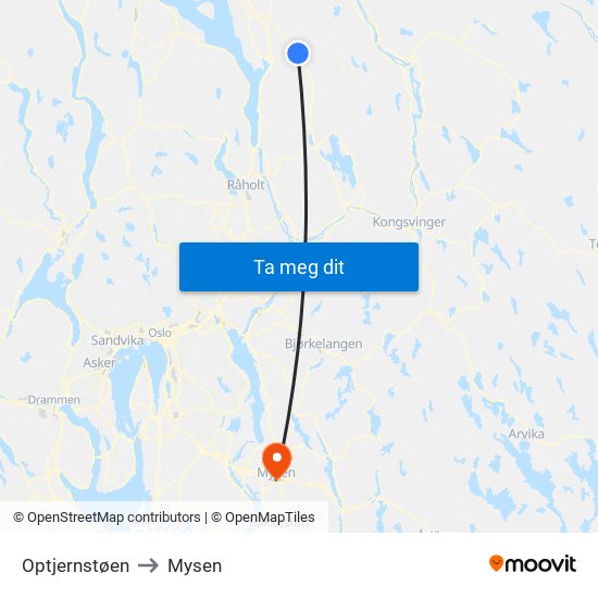 Optjernstøen to Mysen map