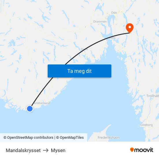 Mandalskrysset to Mysen map