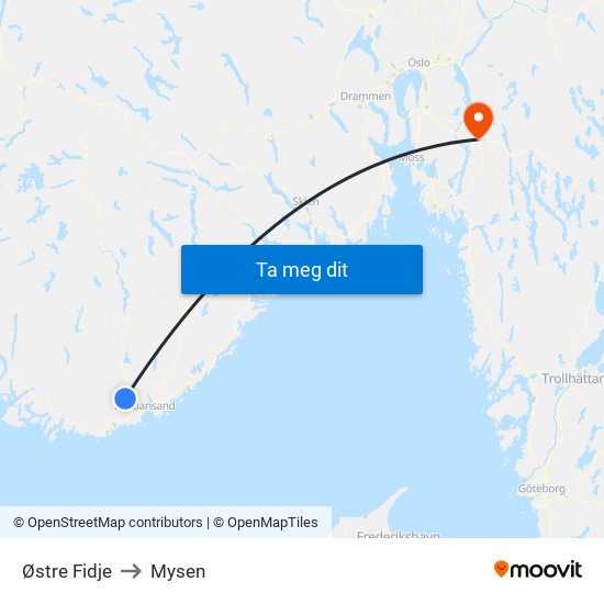 Østre Fidje to Mysen map