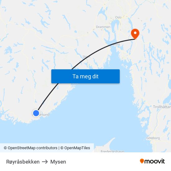 Røyråsbekken to Mysen map