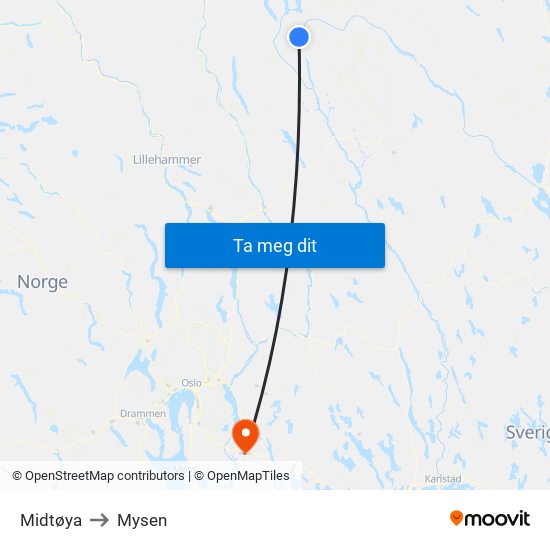 Midtøya to Mysen map