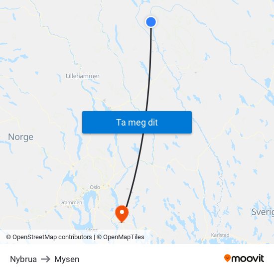 Nybrua to Mysen map
