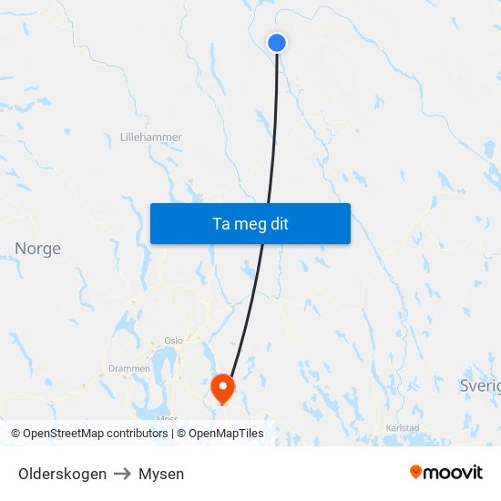 Olderskogen to Mysen map