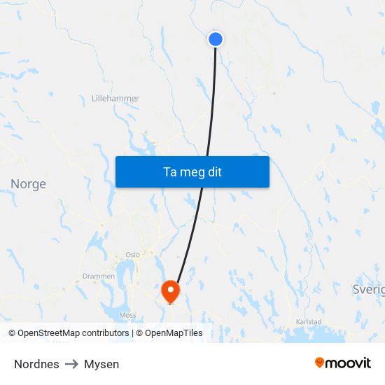 Nordnes to Mysen map