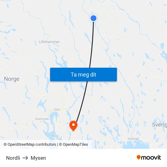 Nordli to Mysen map