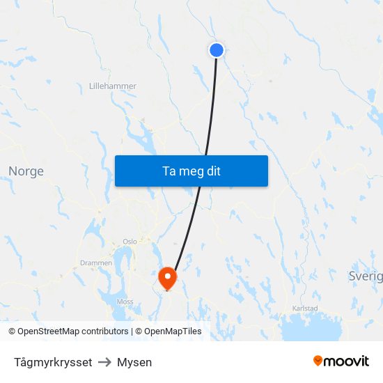 Tågmyrkrysset to Mysen map