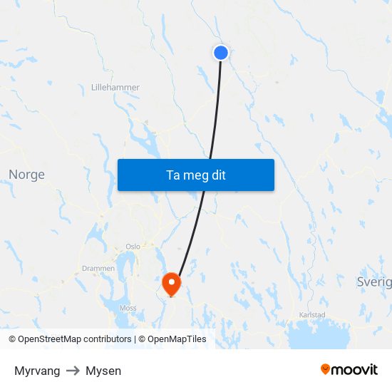 Myrvang to Mysen map