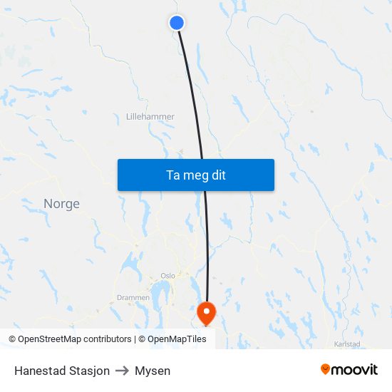 Hanestad Stasjon to Mysen map