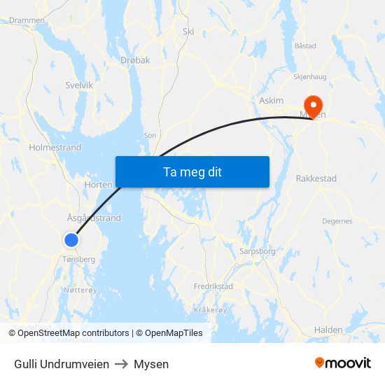 Gulli Undrumveien to Mysen map