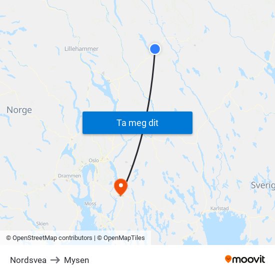 Nordsvea to Mysen map