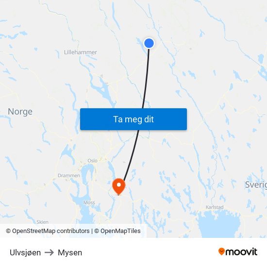 Ulvsjøen to Mysen map