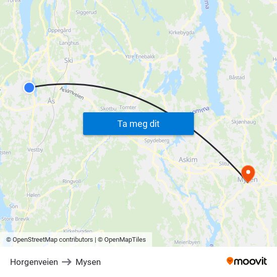 Horgenveien to Mysen map