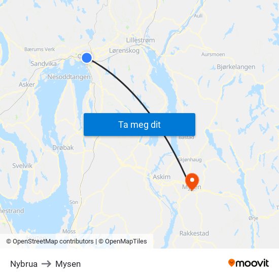 Nybrua to Mysen map