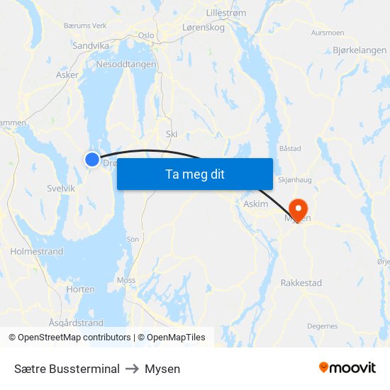 Sætre Bussterminal to Mysen map