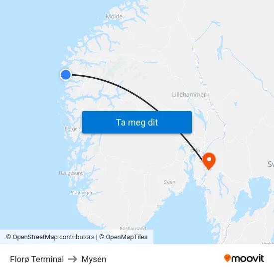 Florø Terminal to Mysen map