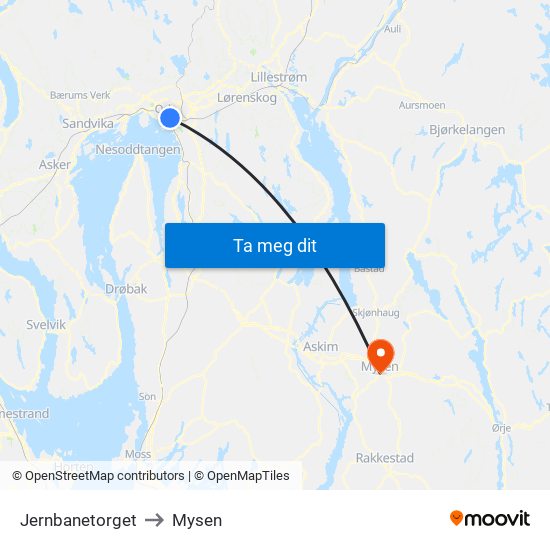 Jernbanetorget to Mysen map