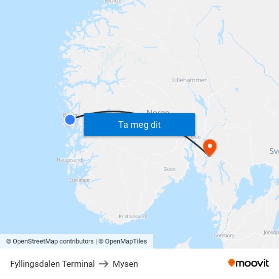 Fyllingsdalen Terminal to Mysen map
