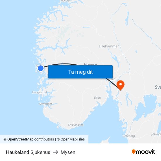 Haukeland Sjukehus to Mysen map